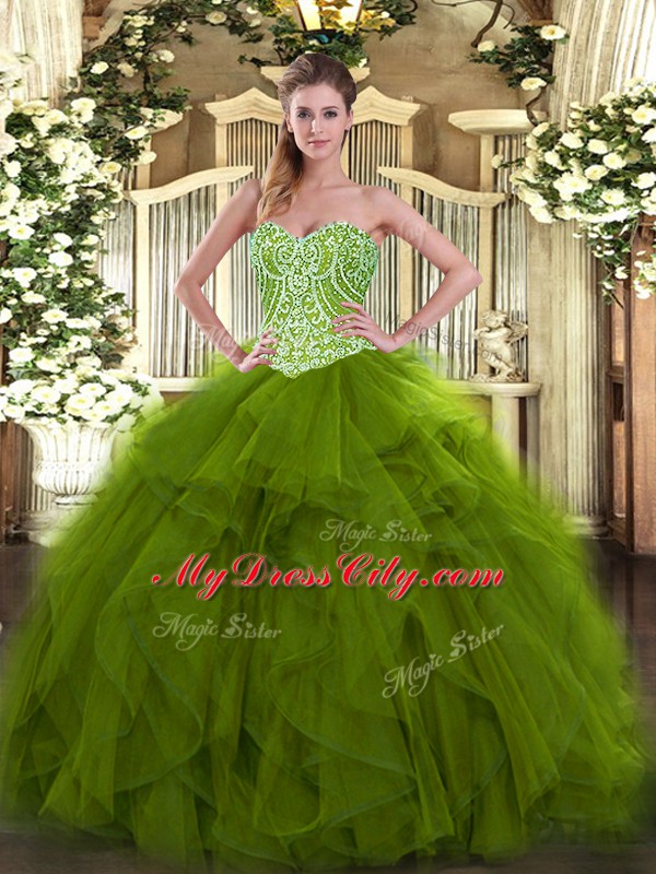 New Arrival Olive Green Ball Gowns Organza Sweetheart Sleeveless Beading and Ruffles Floor Length Lace Up Sweet 16 Dresses