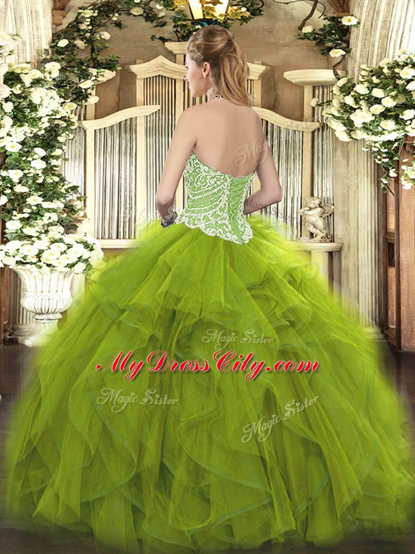 New Arrival Olive Green Ball Gowns Organza Sweetheart Sleeveless Beading and Ruffles Floor Length Lace Up Sweet 16 Dresses