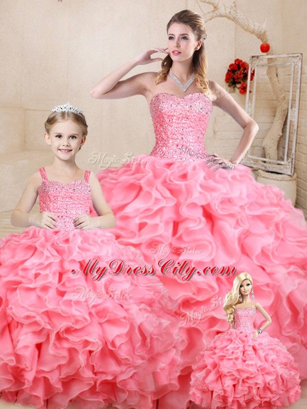 Edgy Sweetheart Sleeveless Quinceanera Gowns Floor Length Beading and Ruffles Watermelon Red Organza