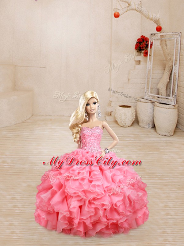 Edgy Sweetheart Sleeveless Quinceanera Gowns Floor Length Beading and Ruffles Watermelon Red Organza