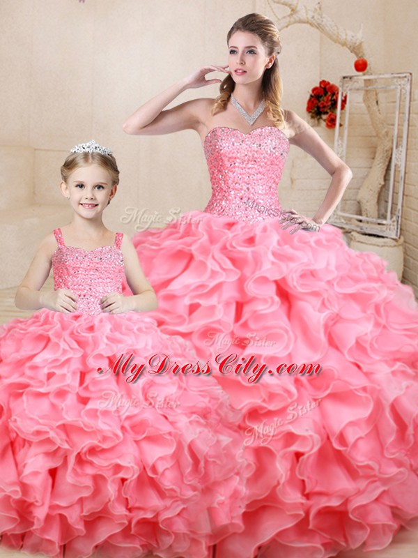 Edgy Sweetheart Sleeveless Quinceanera Gowns Floor Length Beading and Ruffles Watermelon Red Organza