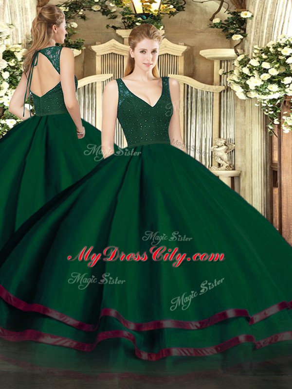 Attractive V-neck Sleeveless Organza Quince Ball Gowns Beading and Lace and Ruffled Layers Backless