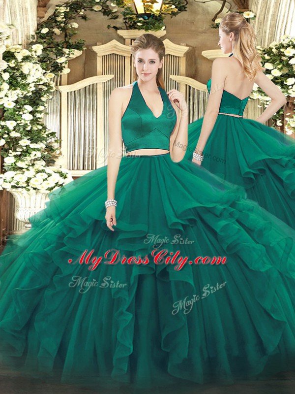 Discount Halter Top Sleeveless Quinceanera Gowns Floor Length Ruffles Dark Green Organza