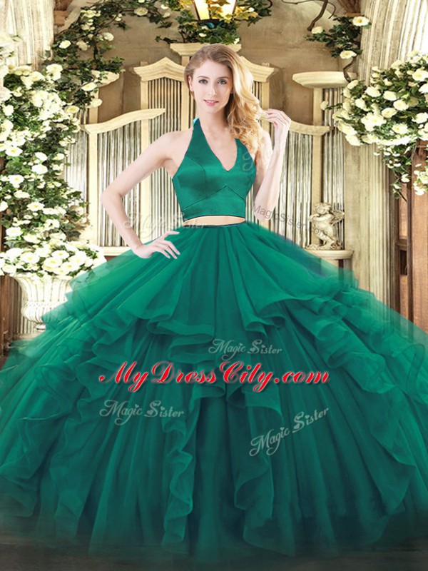 Discount Halter Top Sleeveless Quinceanera Gowns Floor Length Ruffles Dark Green Organza