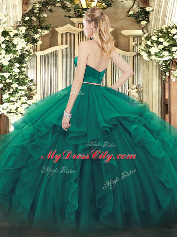 Discount Halter Top Sleeveless Quinceanera Gowns Floor Length Ruffles Dark Green Organza