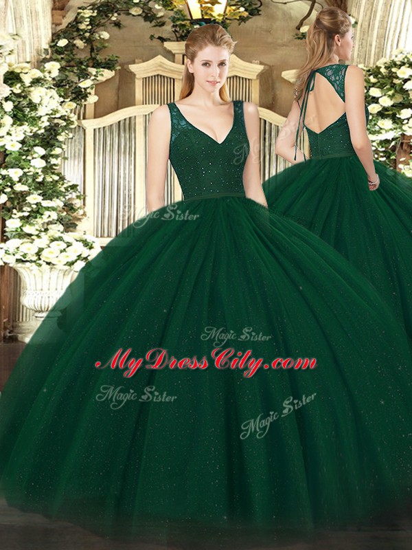 Dark Green V-neck Zipper Beading Quince Ball Gowns Sleeveless