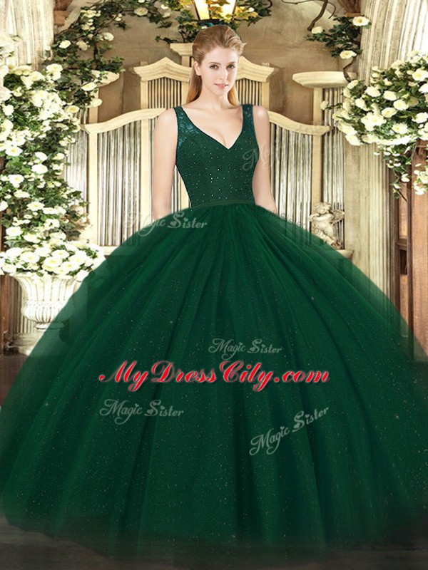 Dark Green V-neck Zipper Beading Quince Ball Gowns Sleeveless