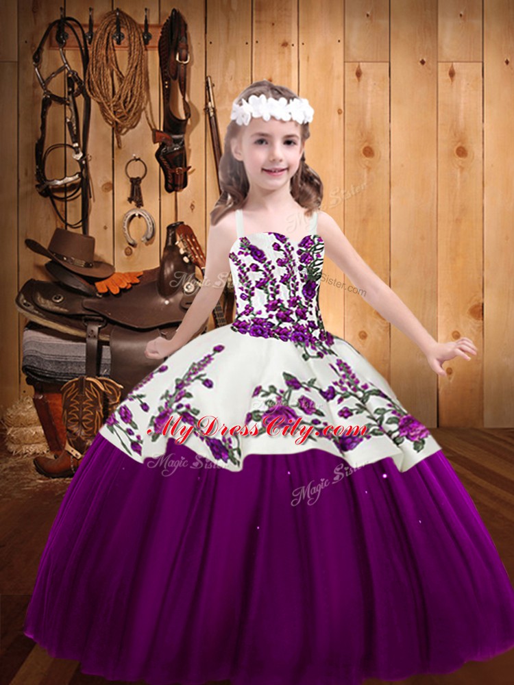 Sleeveless Lace Up Floor Length Embroidery Little Girls Pageant Dress