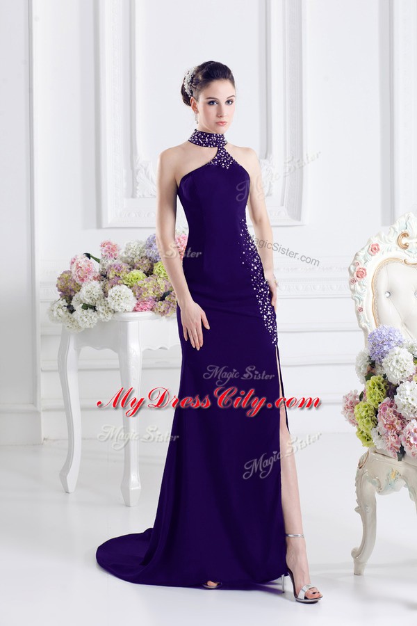 Sleeveless Elastic Woven Satin Sweep Train Lace Up Prom Evening Gown in Purple with Beading