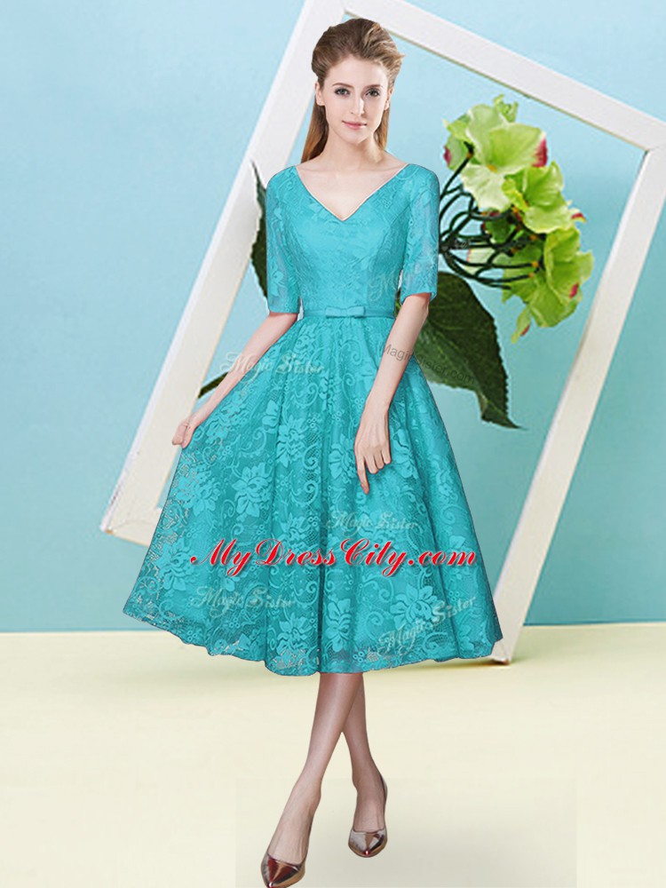 Perfect Half Sleeves Lace Tea Length Lace Up Wedding Guest Dresses in Teal with Bowknot