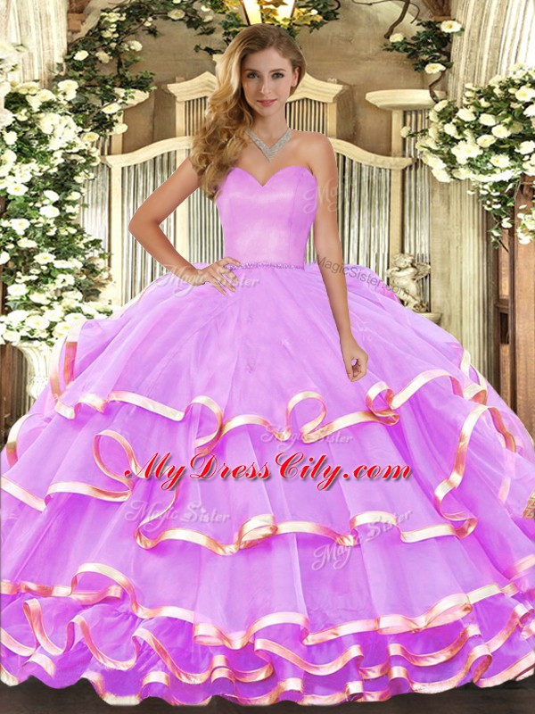 High End Lilac Sweetheart Neckline Ruffled Layers Sweet 16 Quinceanera Dress Sleeveless Lace Up