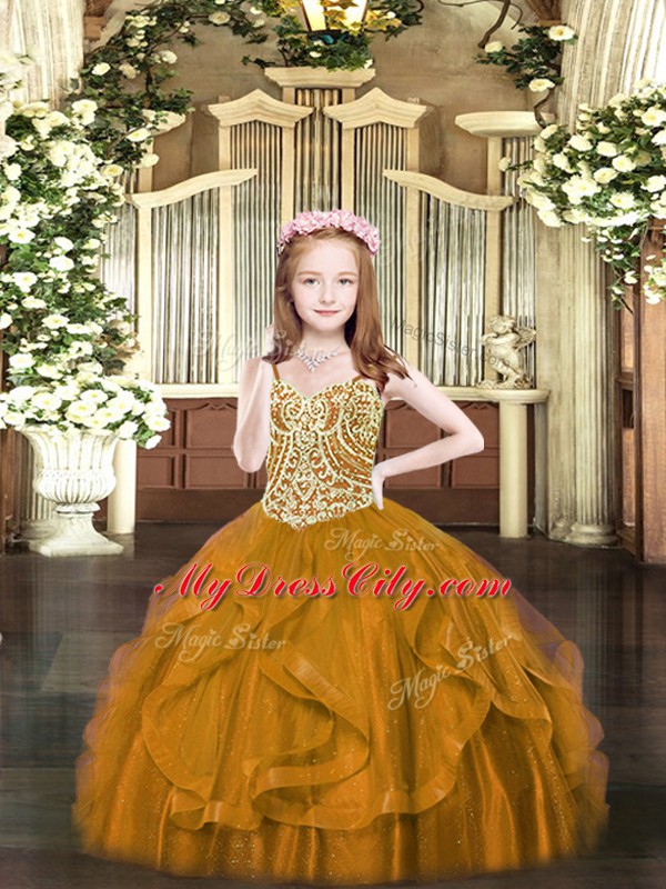 Floor Length Brown Pageant Dress Toddler Tulle Sleeveless Beading and Ruffles