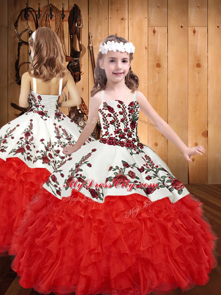 Embroidery and Ruffles 15 Quinceanera Dress White And Red Lace Up Sleeveless Floor Length