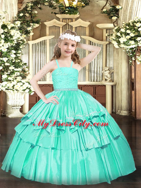 Perfect Beading and Lace Little Girl Pageant Gowns Turquoise Zipper Sleeveless Floor Length