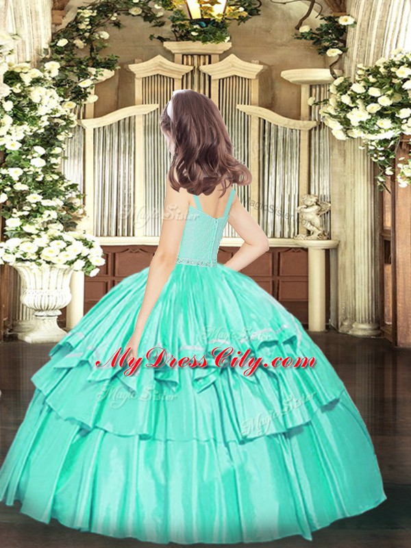 Perfect Beading and Lace Little Girl Pageant Gowns Turquoise Zipper Sleeveless Floor Length