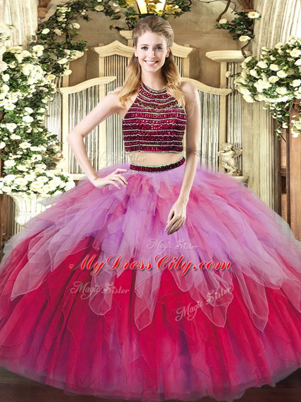 New Arrival Multi-color Tulle Lace Up Sweet 16 Dress Sleeveless Floor Length Beading and Ruffles