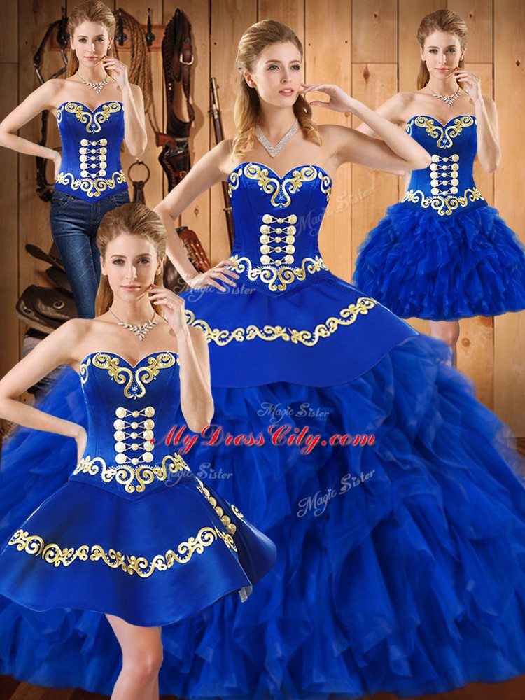 Modest Blue Lace Up Vestidos de Quinceanera Embroidery and Ruffles Sleeveless Floor Length