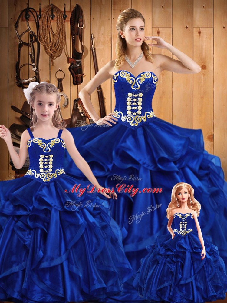 Shining Royal Blue Sweet 16 Quinceanera Dress Military Ball and Sweet 16 and Quinceanera with Embroidery and Ruffles Sweetheart Sleeveless Lace Up