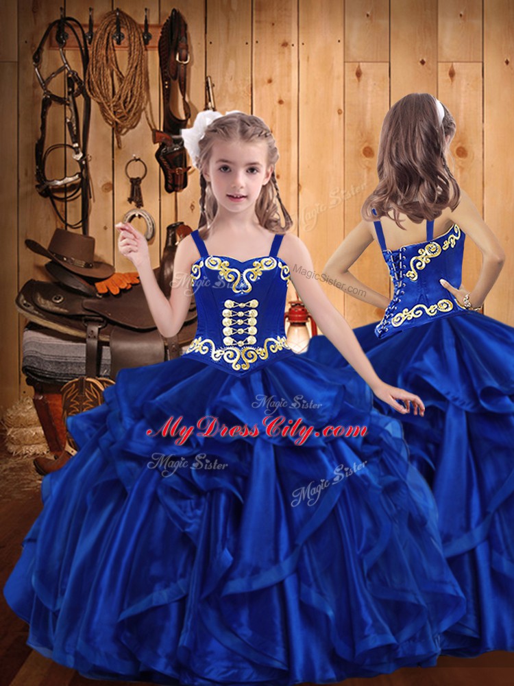 Shining Royal Blue Sweet 16 Quinceanera Dress Military Ball and Sweet 16 and Quinceanera with Embroidery and Ruffles Sweetheart Sleeveless Lace Up