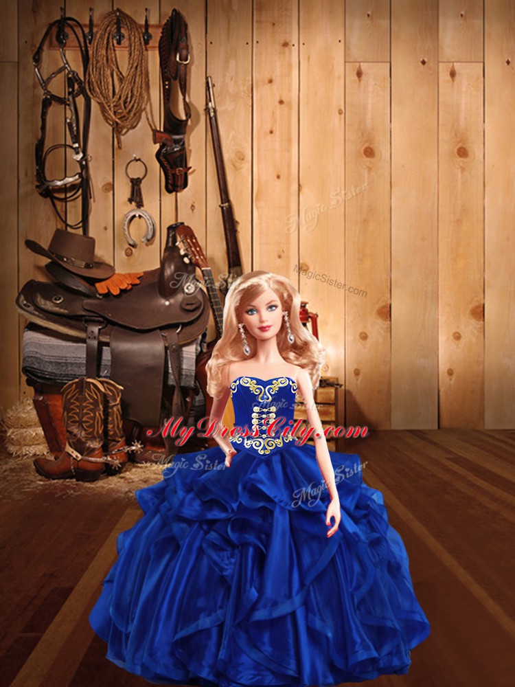 Shining Royal Blue Sweet 16 Quinceanera Dress Military Ball and Sweet 16 and Quinceanera with Embroidery and Ruffles Sweetheart Sleeveless Lace Up