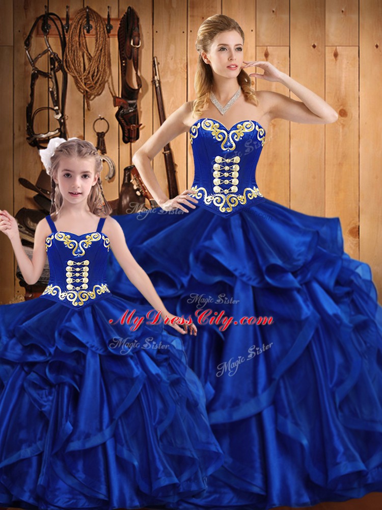 Shining Royal Blue Sweet 16 Quinceanera Dress Military Ball and Sweet 16 and Quinceanera with Embroidery and Ruffles Sweetheart Sleeveless Lace Up