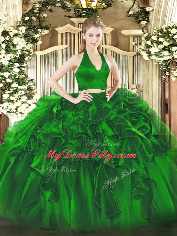 Artistic Green Zipper Halter Top Ruffles 15th Birthday Dress Organza Sleeveless