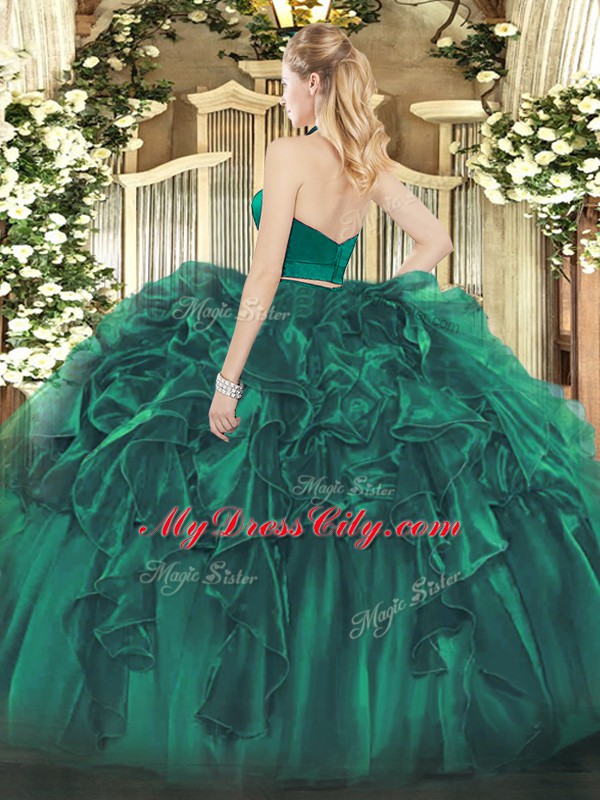 Artistic Green Zipper Halter Top Ruffles 15th Birthday Dress Organza Sleeveless