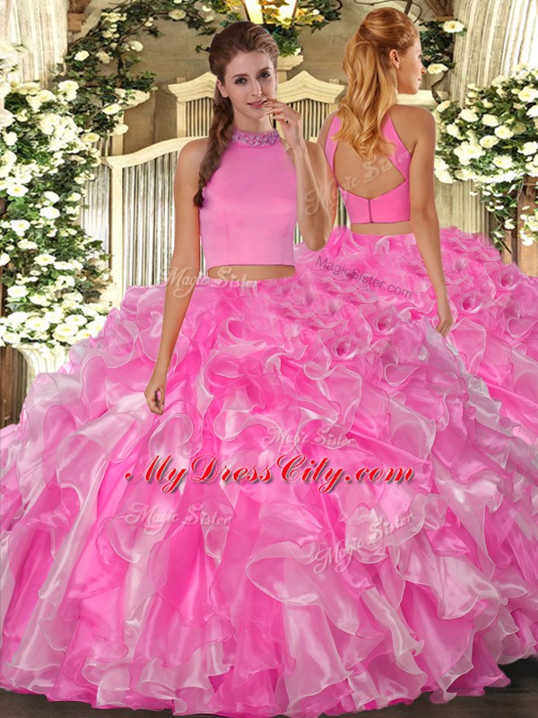 Rose Pink Two Pieces Beading and Ruffles Vestidos de Quinceanera Backless Organza Sleeveless Floor Length