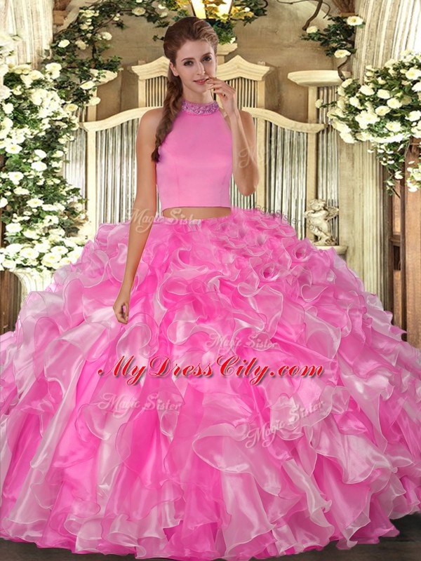 Rose Pink Two Pieces Beading and Ruffles Vestidos de Quinceanera Backless Organza Sleeveless Floor Length