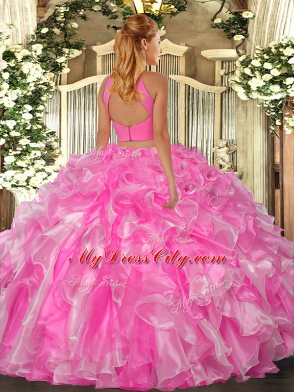 Rose Pink Two Pieces Beading and Ruffles Vestidos de Quinceanera Backless Organza Sleeveless Floor Length