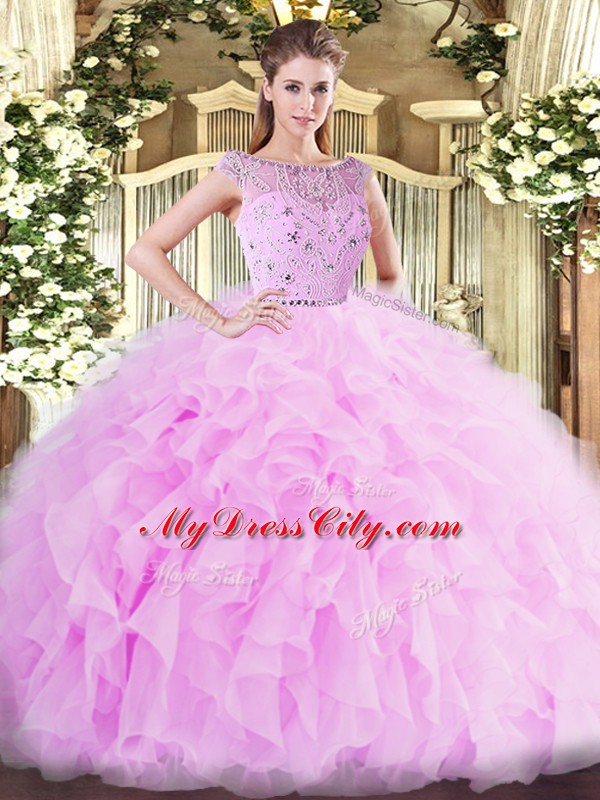 Sleeveless Tulle Floor Length Zipper Quince Ball Gowns in Lilac with Beading and Ruffles