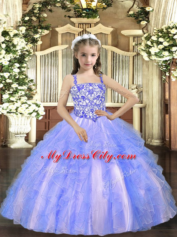 Custom Designed Straps Sleeveless Tulle Little Girl Pageant Gowns Beading and Ruffles Lace Up