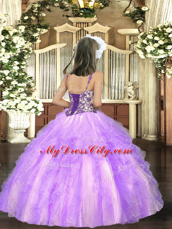 Custom Designed Straps Sleeveless Tulle Little Girl Pageant Gowns Beading and Ruffles Lace Up