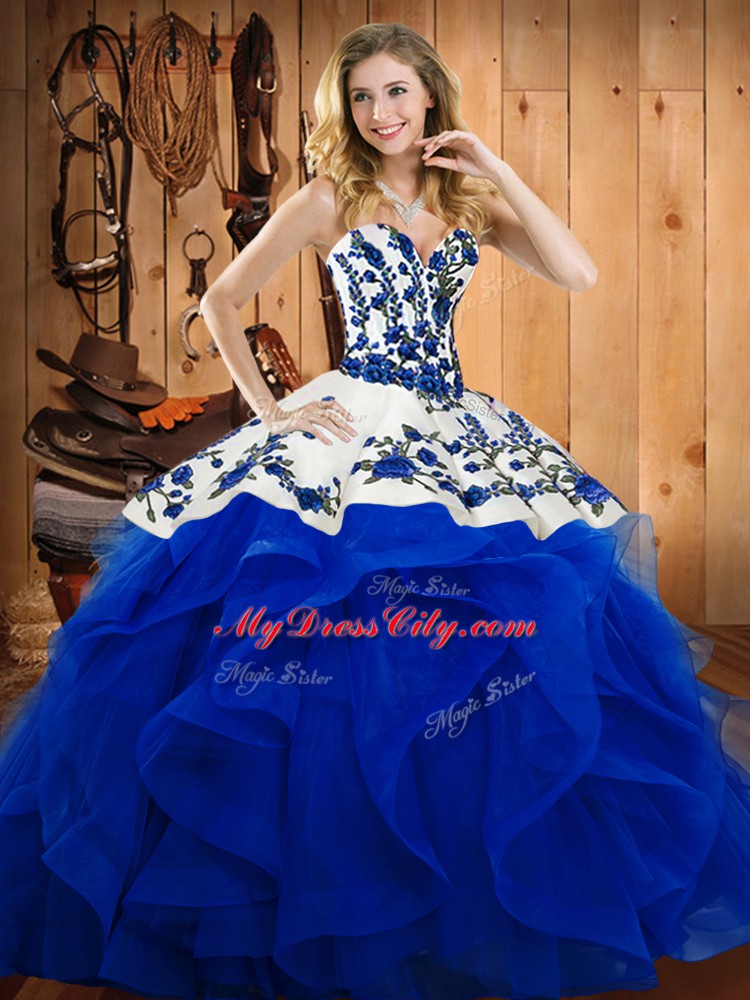 Sleeveless Satin and Organza Floor Length Lace Up Quinceanera Gowns in Blue with Embroidery and Ruffles