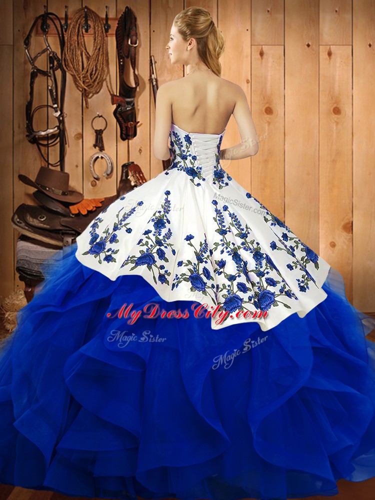 Sleeveless Satin and Organza Floor Length Lace Up Quinceanera Gowns in Blue with Embroidery and Ruffles