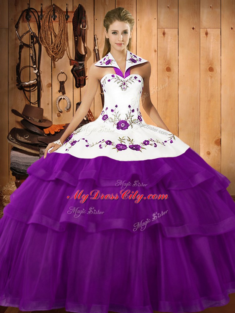 Deluxe Sleeveless Embroidery and Ruffled Layers Lace Up Quinceanera Gown with Purple Sweep Train