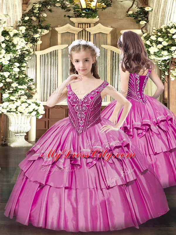 Fuchsia Sleeveless Floor Length Beading and Ruffled Layers Lace Up Pageant Dress for Teens