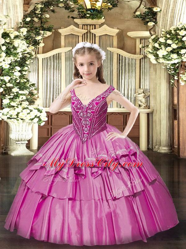 Fuchsia Sleeveless Floor Length Beading and Ruffled Layers Lace Up Pageant Dress for Teens