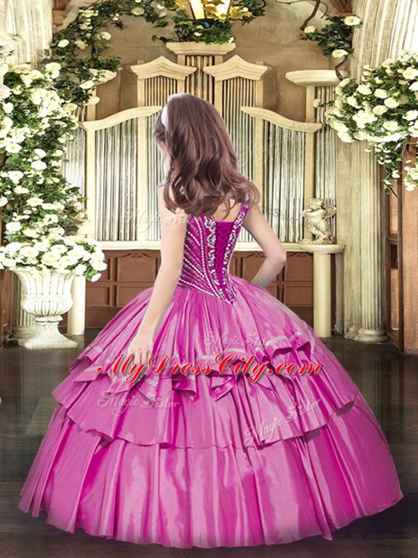 Fuchsia Sleeveless Floor Length Beading and Ruffled Layers Lace Up Pageant Dress for Teens