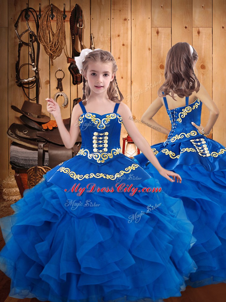 Excellent Sleeveless Lace Up Floor Length Embroidery and Ruffles Kids Formal Wear