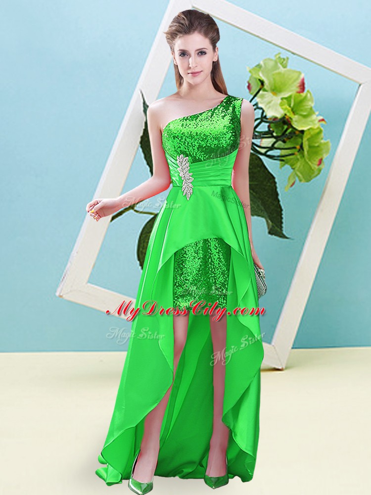 Green Sleeveless Elastic Woven Satin and Sequined Lace Up Prom Gown for Prom and Party