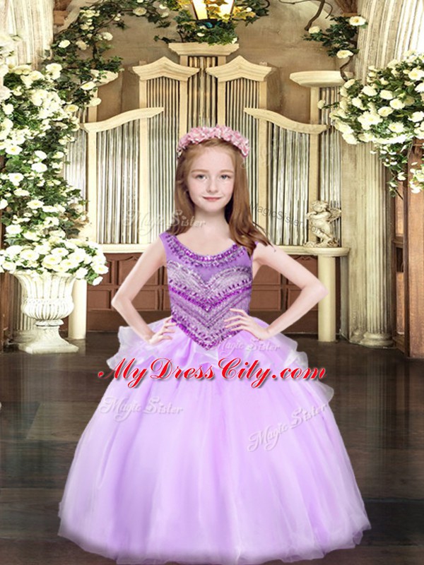 Sleeveless Floor Length Beading Lace Up Kids Pageant Dress with Lilac