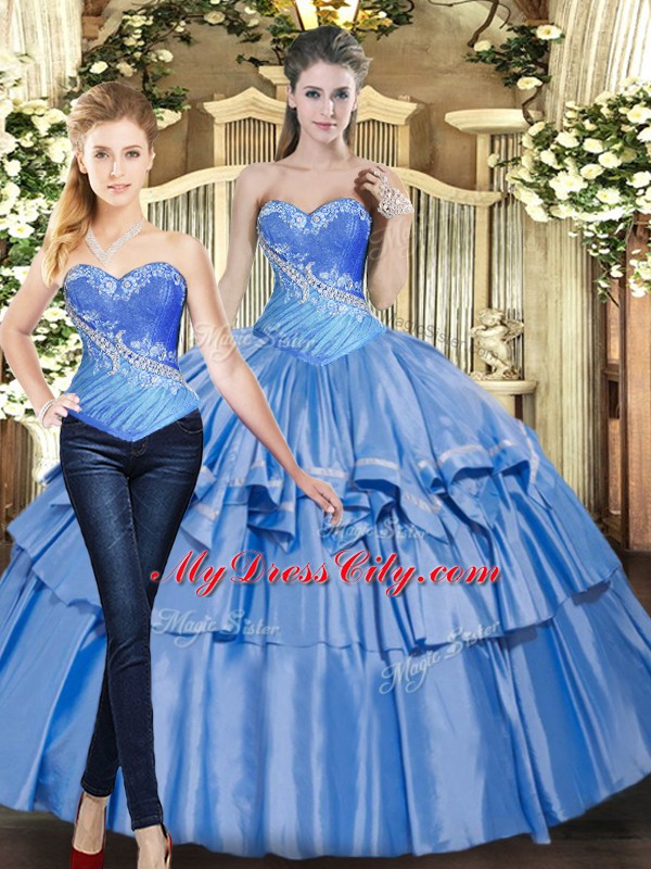 Most Popular Baby Blue Lace Up Sweet 16 Dress Beading and Ruffled Layers Sleeveless Floor Length