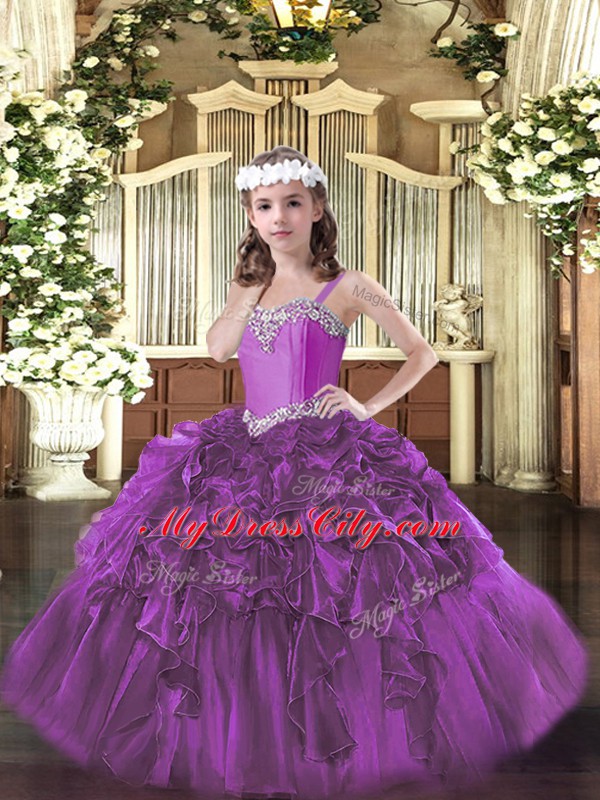 Customized Straps Sleeveless Lace Up Little Girl Pageant Dress Fuchsia Organza