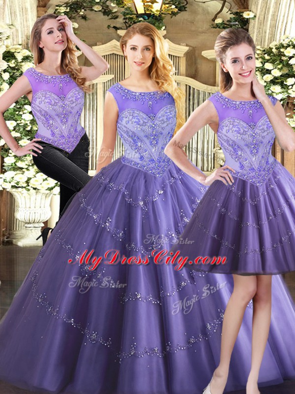 Super Lavender 15th Birthday Dress Military Ball and Sweet 16 and Quinceanera with Beading Scoop Sleeveless Zipper