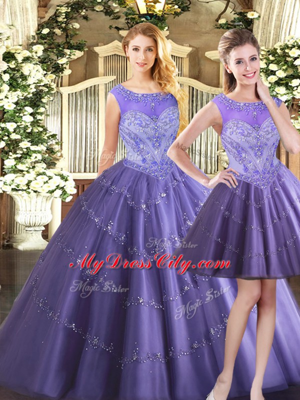 Super Lavender 15th Birthday Dress Military Ball and Sweet 16 and Quinceanera with Beading Scoop Sleeveless Zipper