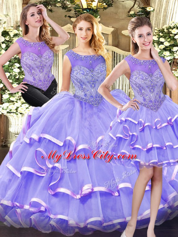 Best Selling Scoop Sleeveless Quinceanera Dresses Floor Length Beading and Ruffled Layers Lavender Organza