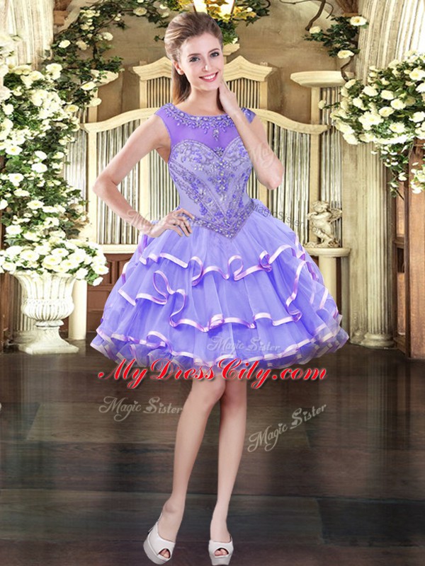 Best Selling Scoop Sleeveless Quinceanera Dresses Floor Length Beading and Ruffled Layers Lavender Organza