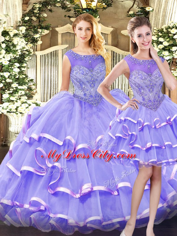 Best Selling Scoop Sleeveless Quinceanera Dresses Floor Length Beading and Ruffled Layers Lavender Organza