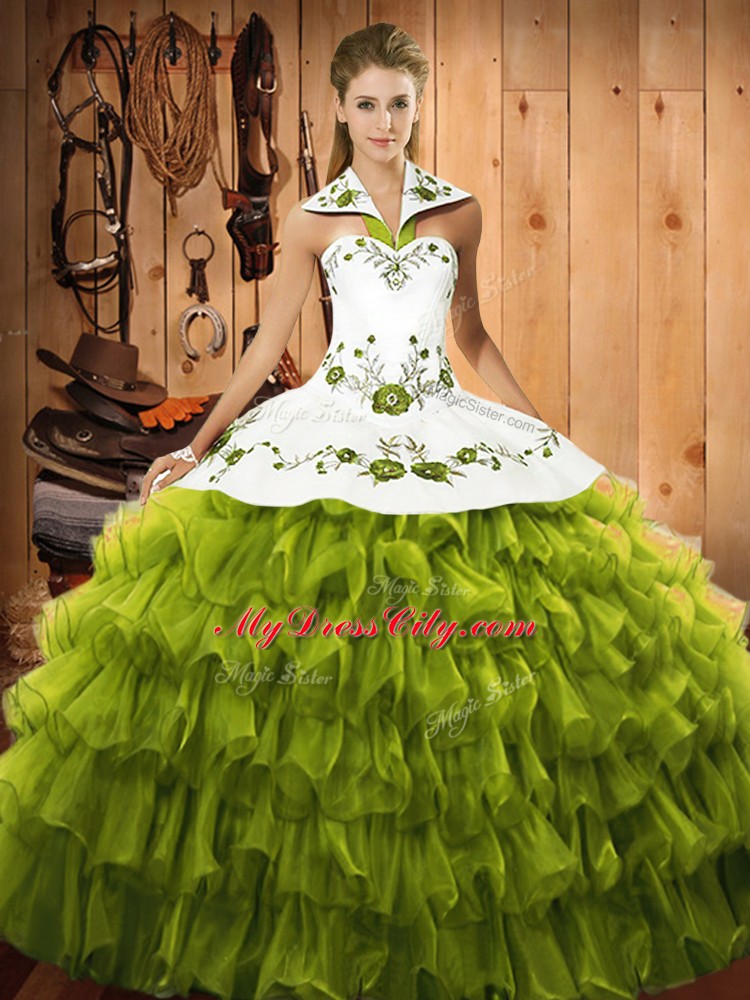 Pretty Olive Green Sleeveless Organza Lace Up Quince Ball Gowns for Military Ball and Sweet 16 and Quinceanera